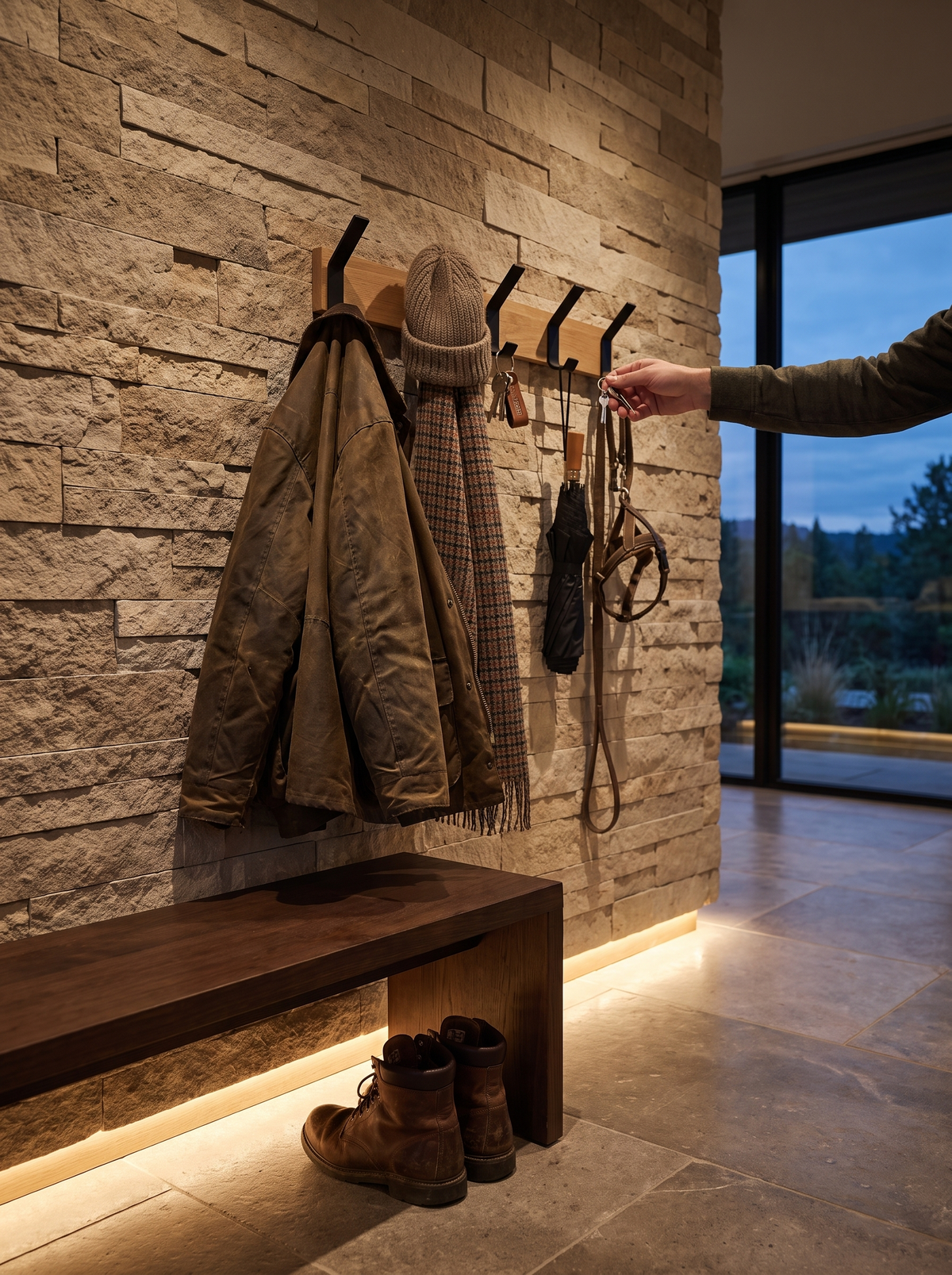 Nordic Wall-Mounted Coat Rack, Warm Wood, Modern Black